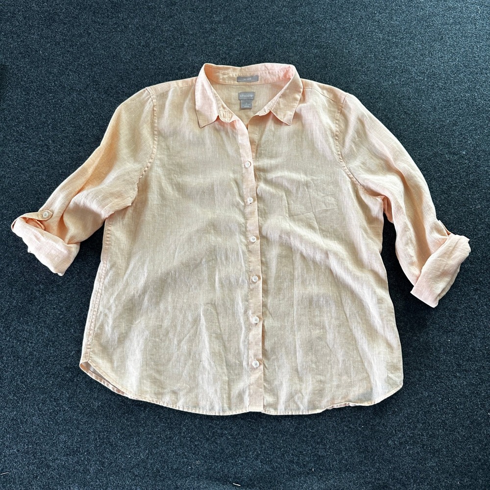 Chicos No Iron 100% Linen Button Up Shirt Peach Roll Tab Sleeve Womens Size 2 L